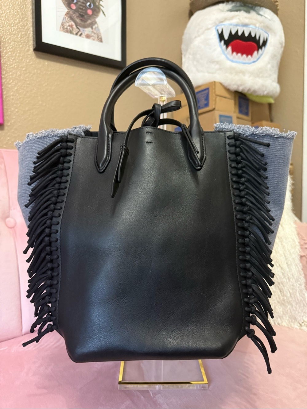 💯Authentic 3.1 PHILIP LIM “BIANCA” Denim and Black Leather Fringe Tote Bag